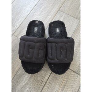 UGG MAXI GRAPHIC SLIDES BLACK SHEEPSKIN PLATFORM SANDALS SLIPPER SIZE 7 WOMEN.